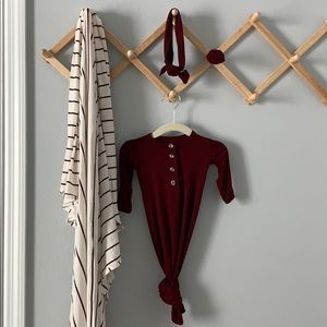 night gown, head band bow, mitts, swaddle blanket